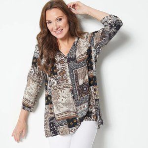 Susan Graver Printed Woven Button-Front Hi-Low Hem Shirt - Black a399624